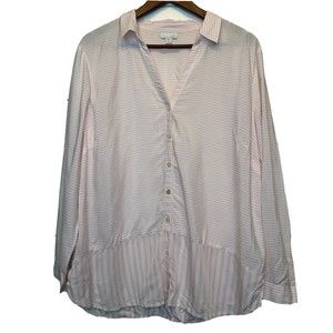J Jill Top Petite Large White Pink Button Front Shirt Long Sleeve Lightweight